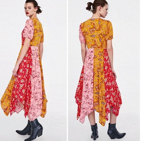 ZARA Dress BLOGGER FAVORITE Patchwork Paisley Handkerchief Hem Size M - Picture 10 of 15